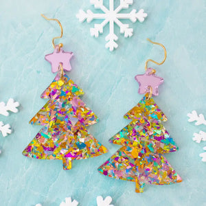 Christmas Tree Earrings Purple Glitter Holiday Dangle