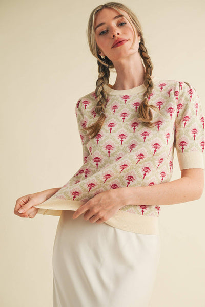 FLORAL PATTERN SHORT SLEEVE SWEATER LT BLUE SAGE MULTI