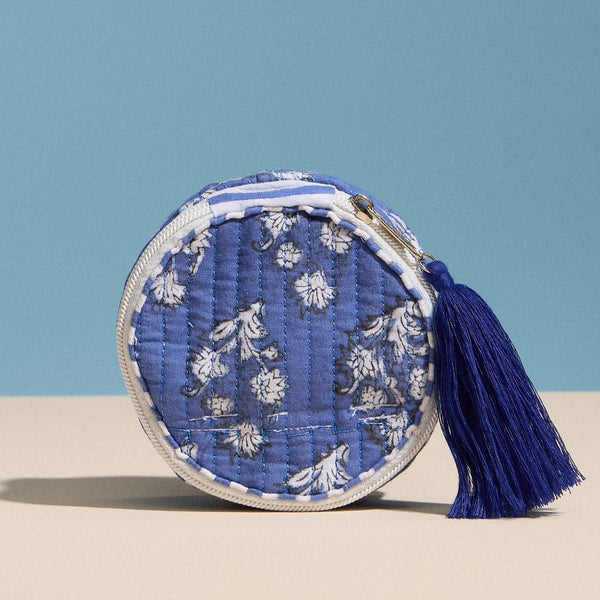 Blue Quilted Floral Round Coin Pouch