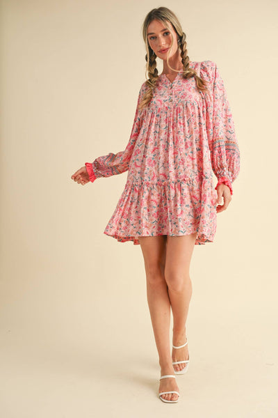 EXCLUSIVE PRINT PUFF SLEEVE TIERED BABYDOLL DRESS Camel Multi Paisley