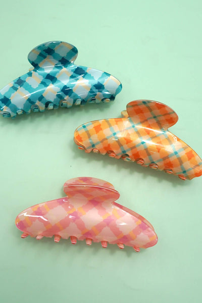 LARGE CHECKER OVAL HAIR CLAW CLIPS Mint/Blue