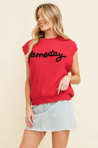 'GAMEDAY" EMBROIDERED SLEEVELESS SWEATER VEST: Burnt Orange