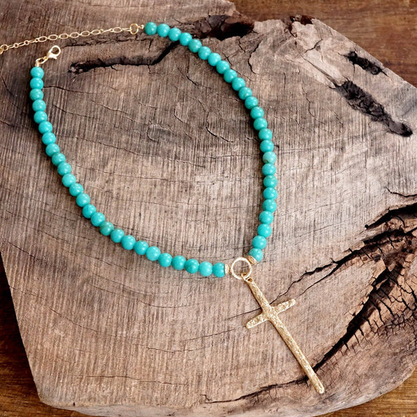 Primitive Cross Necklace Gold Pearl Turquoise Beads: Pearls