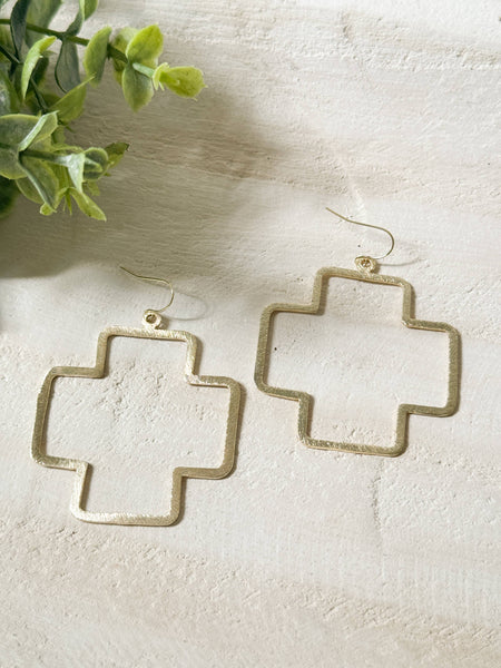 Light Brushed Gold Square Cross Statement Earrings