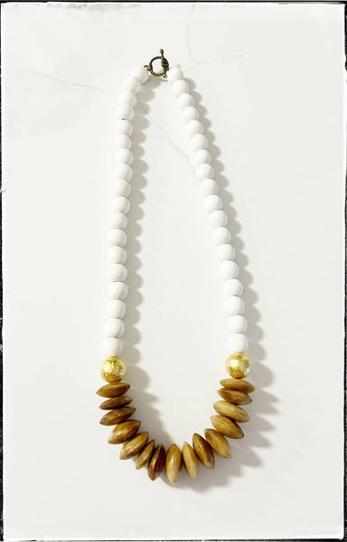 White Wood & Disk African Bone Bead Short Necklace Layering 