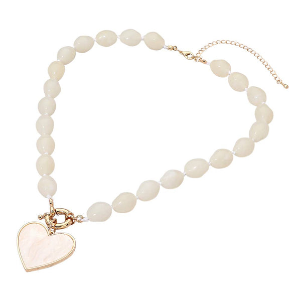 Mother of Pearl Heart Pendant Marbled Pebble Beaded Necklace