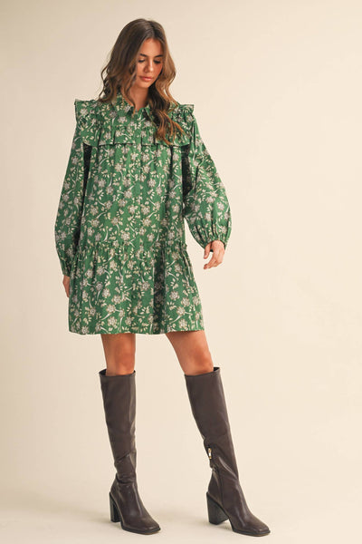 RUFFLE TRIM BUTTON DOWN MINI DRESS Deep Green Floral