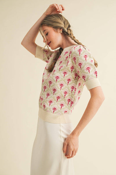 FLORAL PATTERN SHORT SLEEVE SWEATER LT BLUE SAGE MULTI