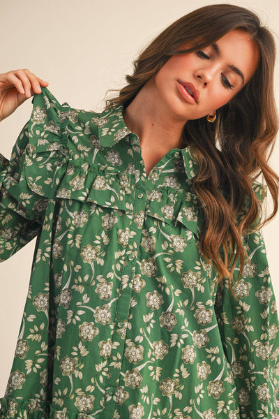RUFFLE TRIM BUTTON DOWN MINI DRESS Deep Green Floral