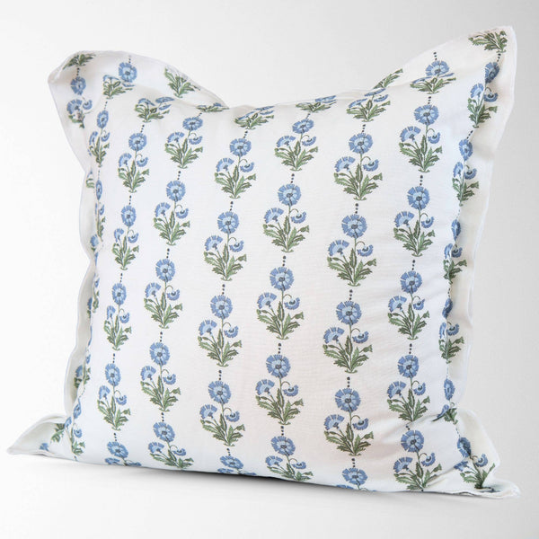 Amalthea Blue Linen Block Print Square Pillow Cover: 22X22