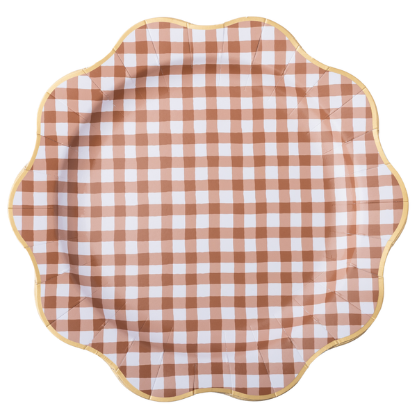 Mocha Brown Gingham Scalloped Plates (Set of 8)