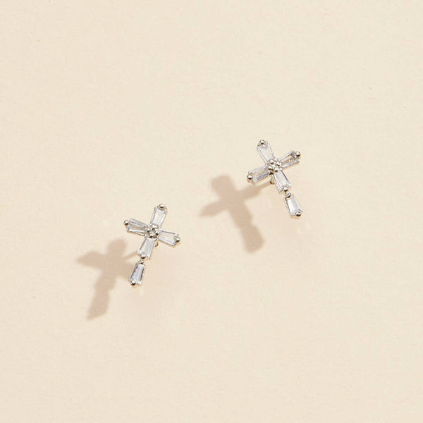 Gold and Silver Cross Stud Earrings with Crystals: White Gold