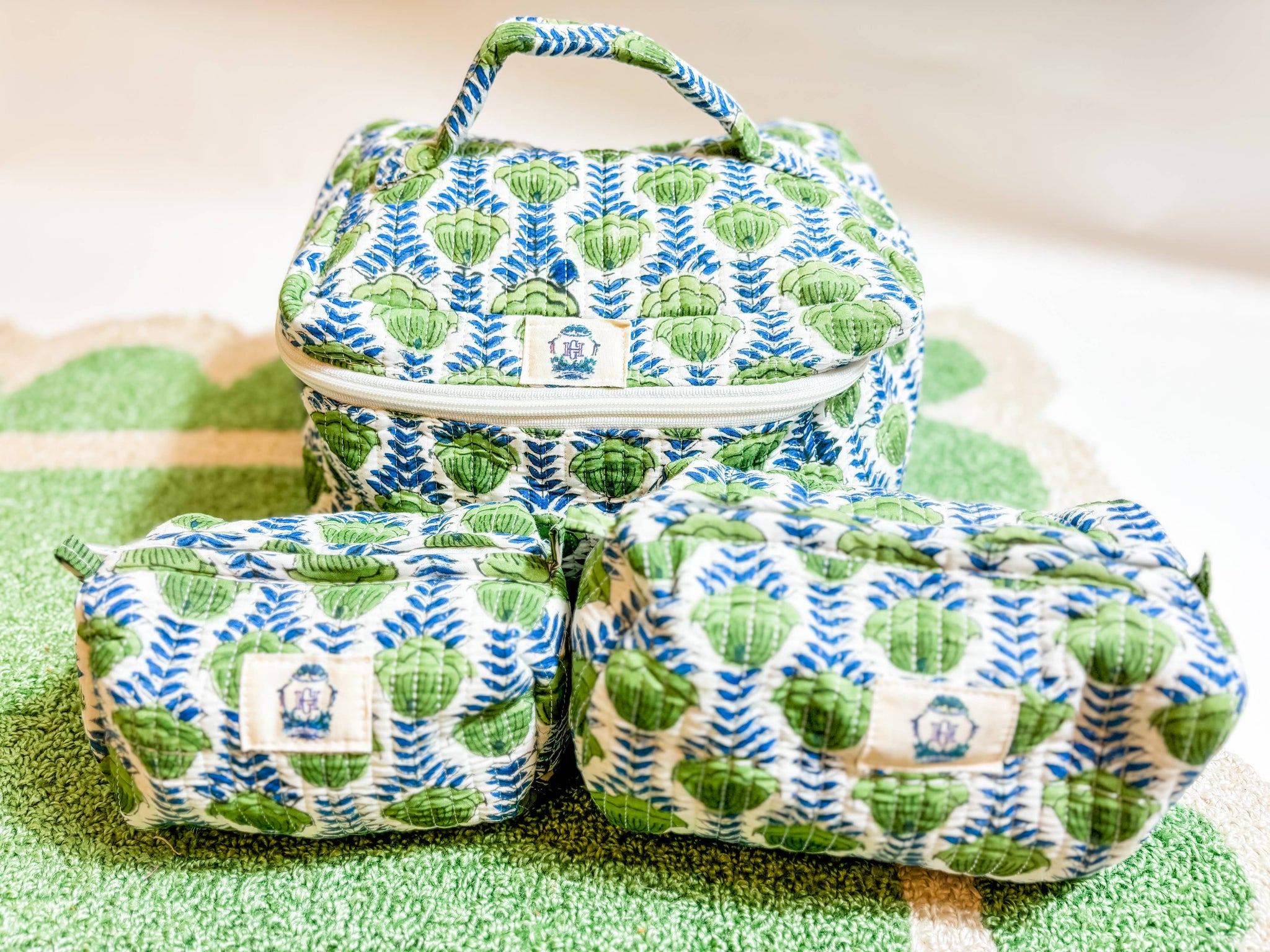 Green Blooms Set of 3 Cosmetic Bags 