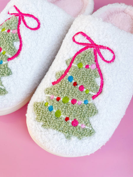 Pink Bow Christmas Tree Slippers - Adult - 4 sizes
