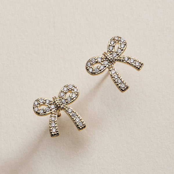 Gold Filled Crystal Bow Stud Earrings: GD / ONE