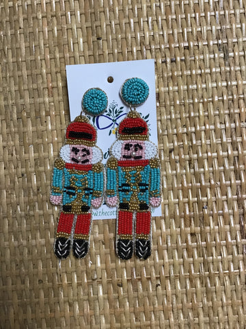 Turquoise and Red Beaded Nutcracker Earrings