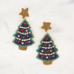 Christmas Tree Beaded Earrings Green/Gold 3.5"