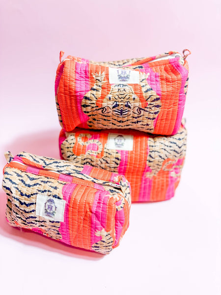 Pink/Orange Eye of the Tiger Quilted Cosmetic Bags-set of 3