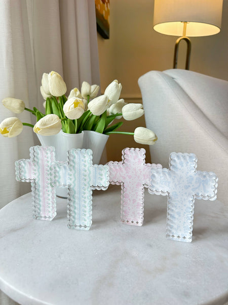 Scalloped Acrylic Cross Blocks : Pink Chinoiserie Cross