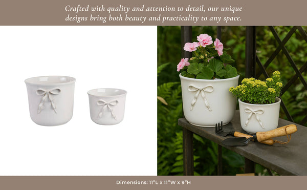 Planter White Ceramic Pretty Bow