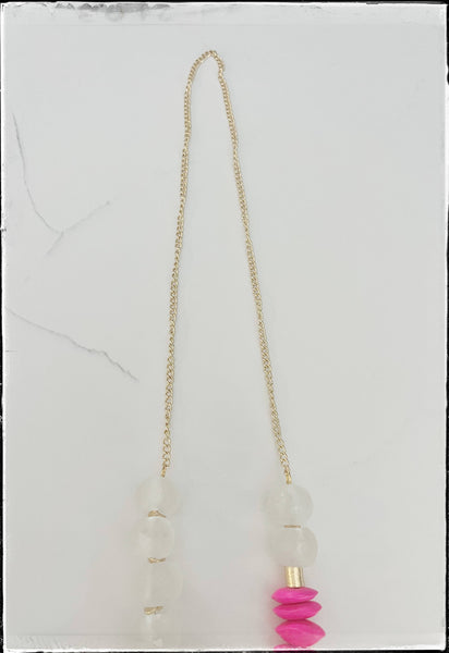 Long Chain Necklace- Recycled Glass & Pink African Bone Bead