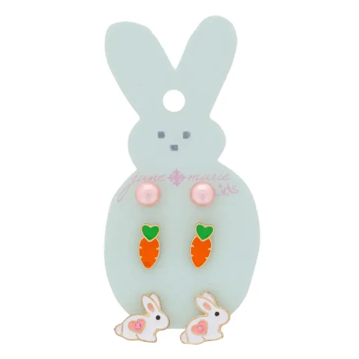 Kids Bunny, Carrot, and Pearl Pack of 3 Earrings