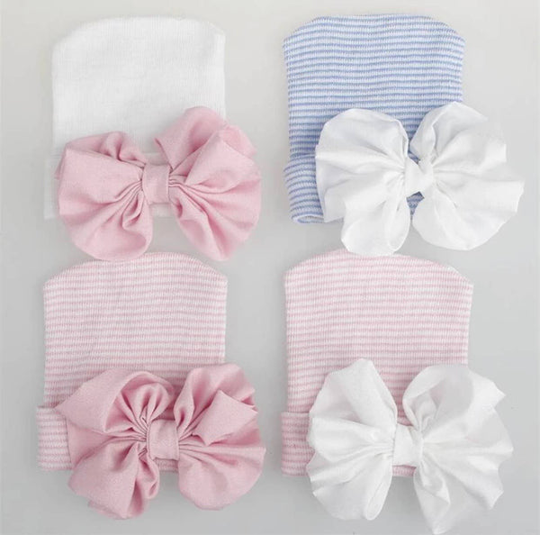 Newborn Hospital Hat: White with Pink bow