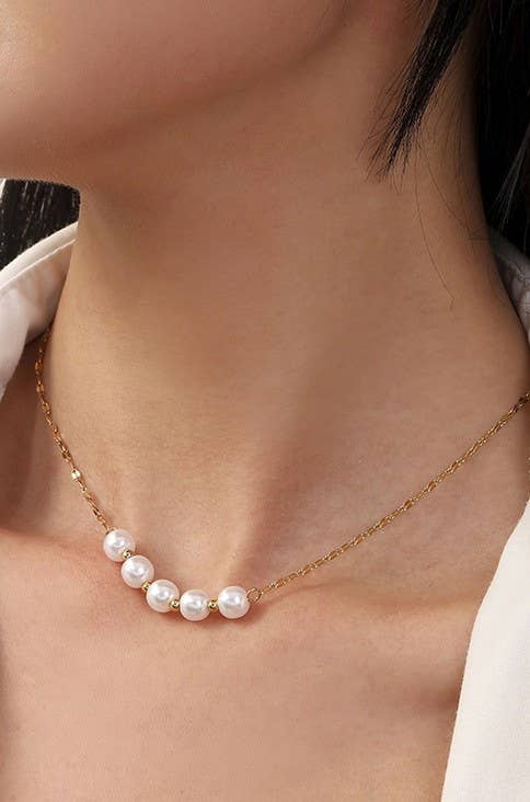 TITANIUM  STEEL NON-TARNISH CLASSIC PEARL NECKLACE Gold