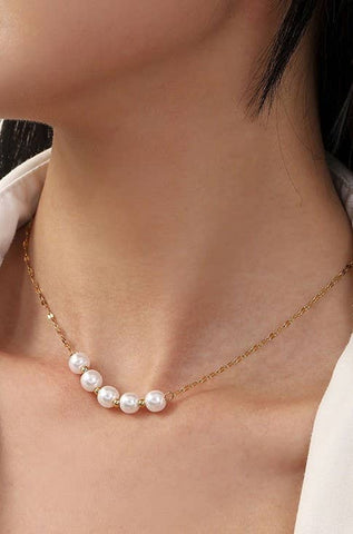 TITANIUM  STEEL NON-TARNISH CLASSIC PEARL NECKLACE Gold