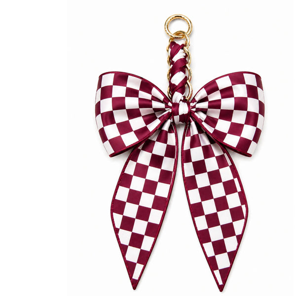 Game Day Checkered Bow Bag Charm: Burgundy/white
