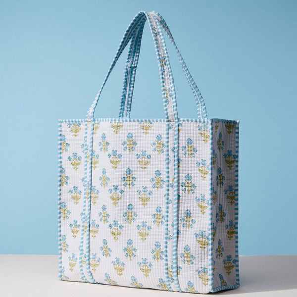 Blue and White Indian Quilted Tote Bag – Large Handmade Block Print Cotton Bag