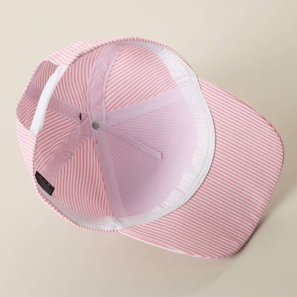 USA Embroidered Patch Gingham Stripe Trucker Hat: PINK / One Size