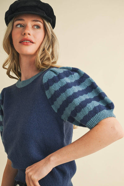 CONTRAST STRIPED PUFF SLEEVE SWEATER MSW10887: Pink