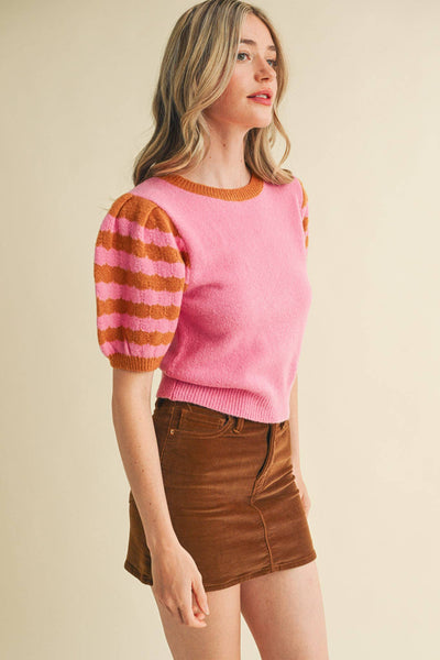 CONTRAST STRIPED PUFF SLEEVE SWEATER MSW10887: Pink
