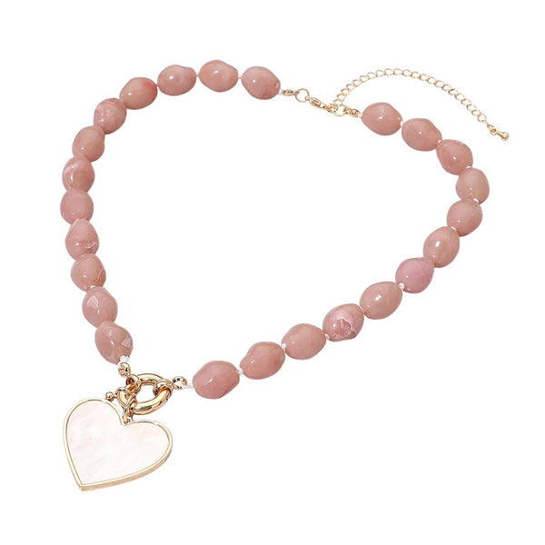 Mother of Pearl Heart Pendant Marbled Pebble Beaded Necklace