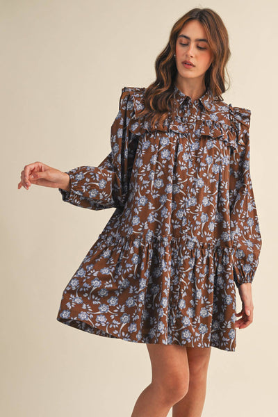 RUFFLE TRIM BUTTON DOWN MINI DRESS Deep Green Floral