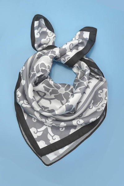 VINTAGE FLORAL PRINT SILKY FEEL BANDANA SCARF GREY