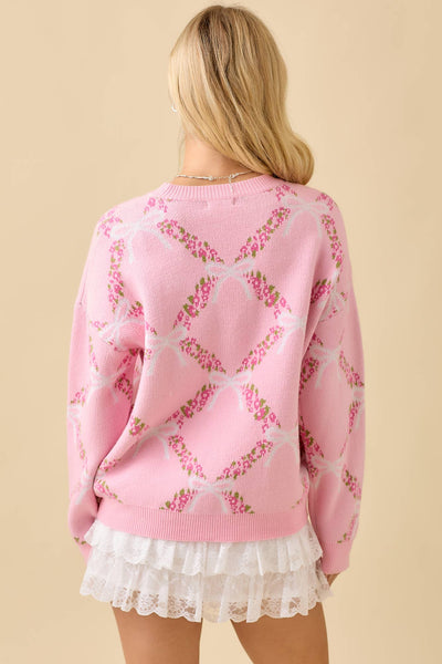 Coquette Ribbon With Floral Print Sweater Knit Top: PINK