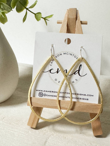 Large Light Brushed Gold Teardrop Earrings on Hook