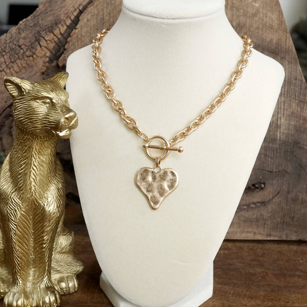 Boho Hammered Heart Front Toggle Necklace –  Gold Tone