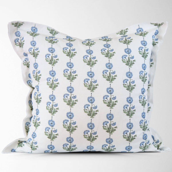Amalthea Blue Linen Block Print Square Pillow Cover: 22X22