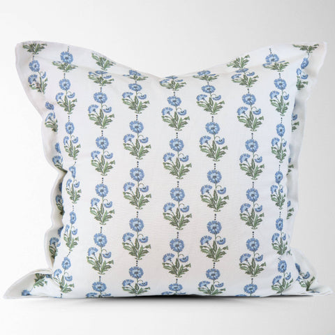 Amalthea Blue Linen Block Print Square Pillow Cover: 22X22