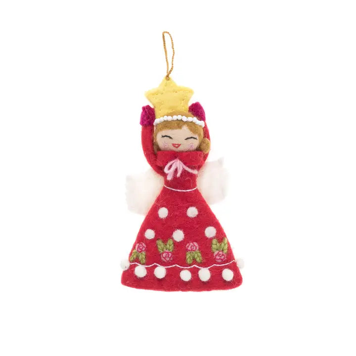 Felted Angel Ornament with Star (Red Dress)