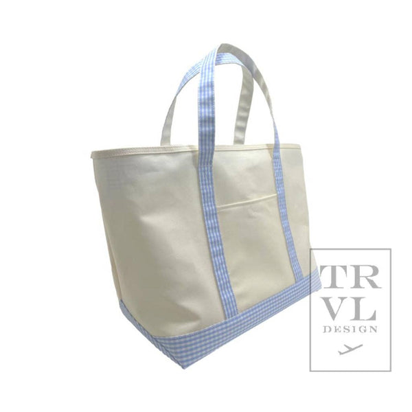 TRVL Maxi Tote - Coated Canvas Large Natural With Gingham Sky
