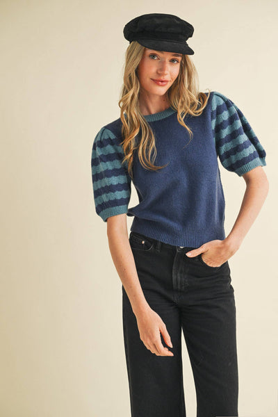 CONTRAST STRIPED PUFF SLEEVE SWEATER MSW10887: Pink