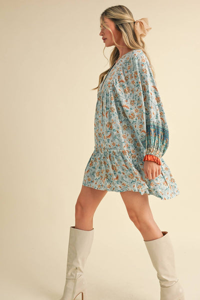 EXCLUSIVE PRINT PUFF SLEEVE TIERED BABYDOLL DRESS Camel Multi Paisley