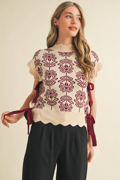 MOCK NECK FLORAL SWEATER VEST CROWN BLUE