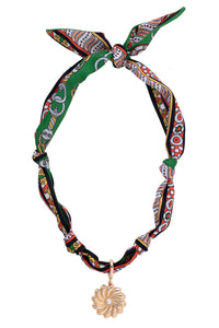 Pearl Flower Scarf Necklace in Green/Black/Orange