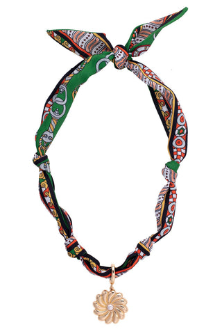 Pearl Flower Scarf Necklace in Green/Black/Orange