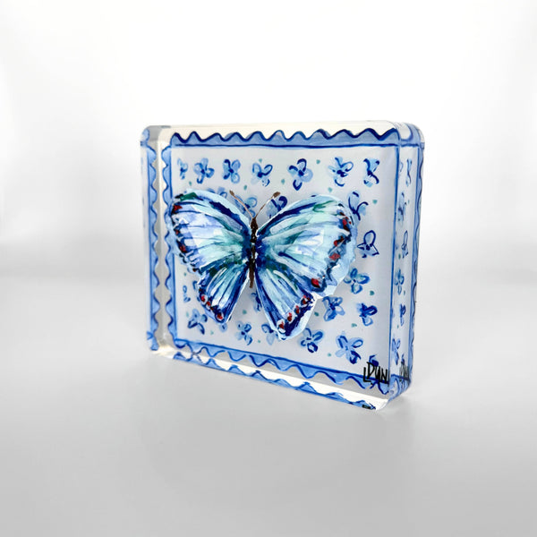 Blue Butterfly on Floral Block: Small